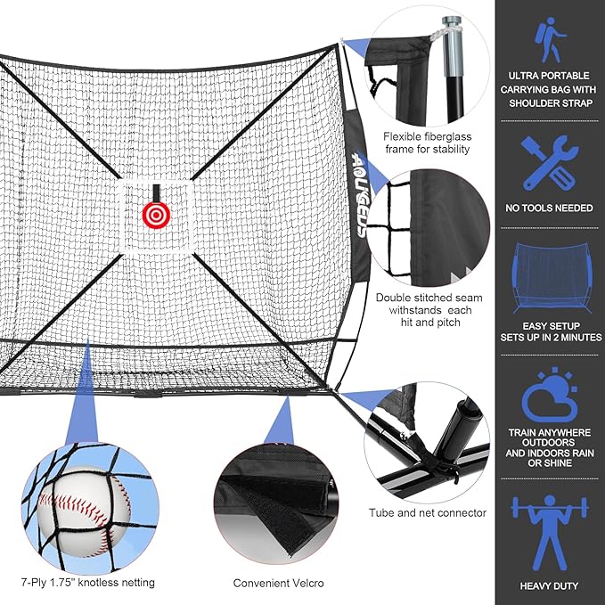 6'X6' Baseball Softball Practice Net with Batting Tee and Ball Caddy, Bonus Strike Zone Target and Bow Frame, for Hitting, Pitching, Catching