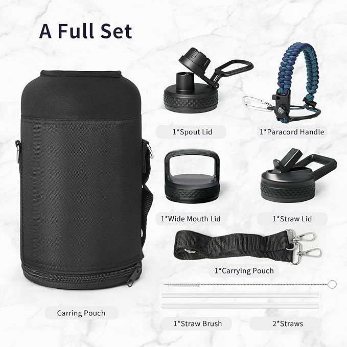 Trebo Insulated Water Bottle 64 oz, Half Gallon Metal Vacuum Water Jug with Handle and 3 Lids, Leakproof BPA-Free Water Flask for Gym Sports Hiking Travel, Keep Cold 48 Hours, Cyan Blue