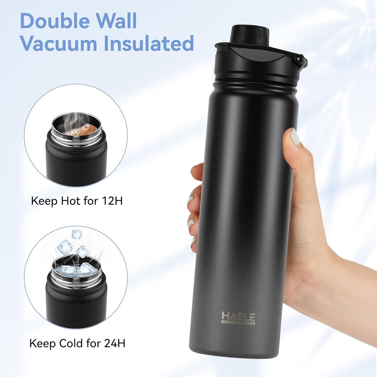 HASLE OUTFITTERS Insulated Water Bottle 22 oz Double Wall Stainless Steel Water Bottle Wide Mouth with Straw Lid & Spout Lid Keeps Cold or Hot(Black Gray Gradient,1)
