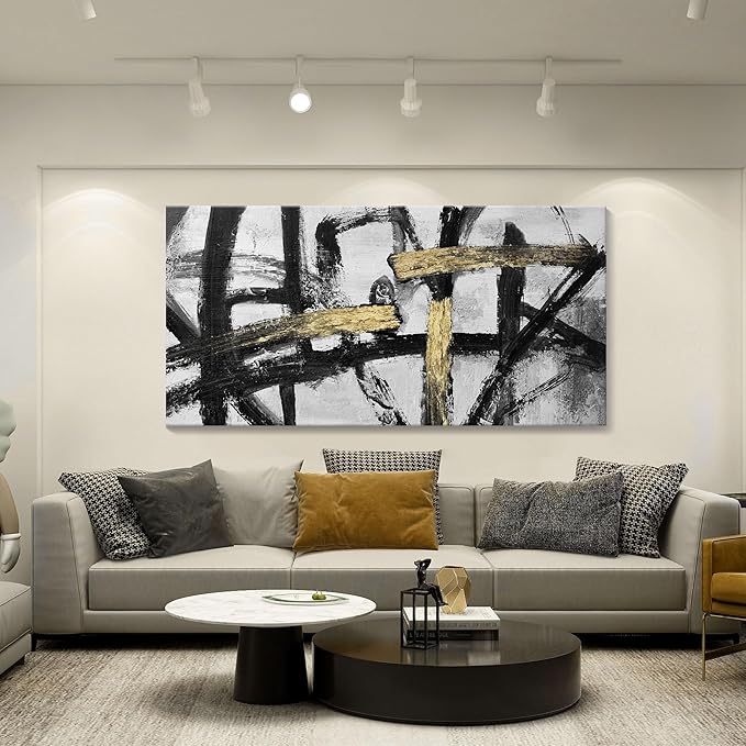 Abstract Living Room Wall Art - Large Black and White Gold Abstract Lines Bedroom Wall Decor Ink Dancing Canvas Prints Paintings for Dining Room Office Room Home Decor 29x58IN