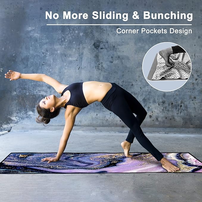 QiyI Yoga Mat Towel with Corner Pockets, Non Slip Sweat Absorbent Hot Yoga Towels, Soft Yoga Blankets with Travel Bag, Skidless Mat Cover for Workout, Gym, Fitness - 74"x26", Purple Gold Marble