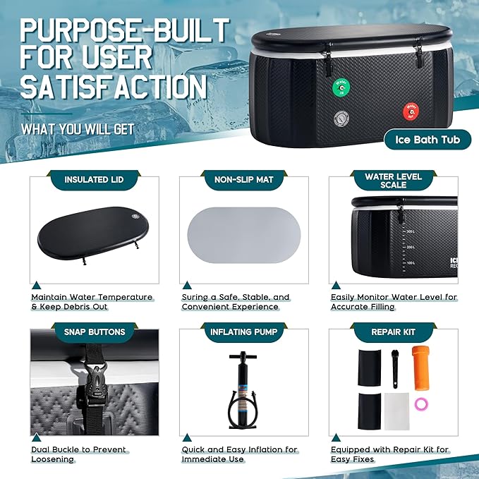 Albott Inflatable Cold Plunge Tub for Athletes, Ice Bath Tub with Insulated Lid Non-Slip Mat, Water Chiller Compatible, Portable for Outdoor & Indoor Recovery, 150 Gal, 59"L x 32"W x 28"H