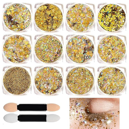 Body Glitter Face Glitter, Hair Glitter for Kids, 12 Shapes Fine Chunky Glitter Gel for Women Girls Makeup Sparkles Party Mermaid Sequins Rave Accessories Singer Concerts Festival (Gold Scheme)