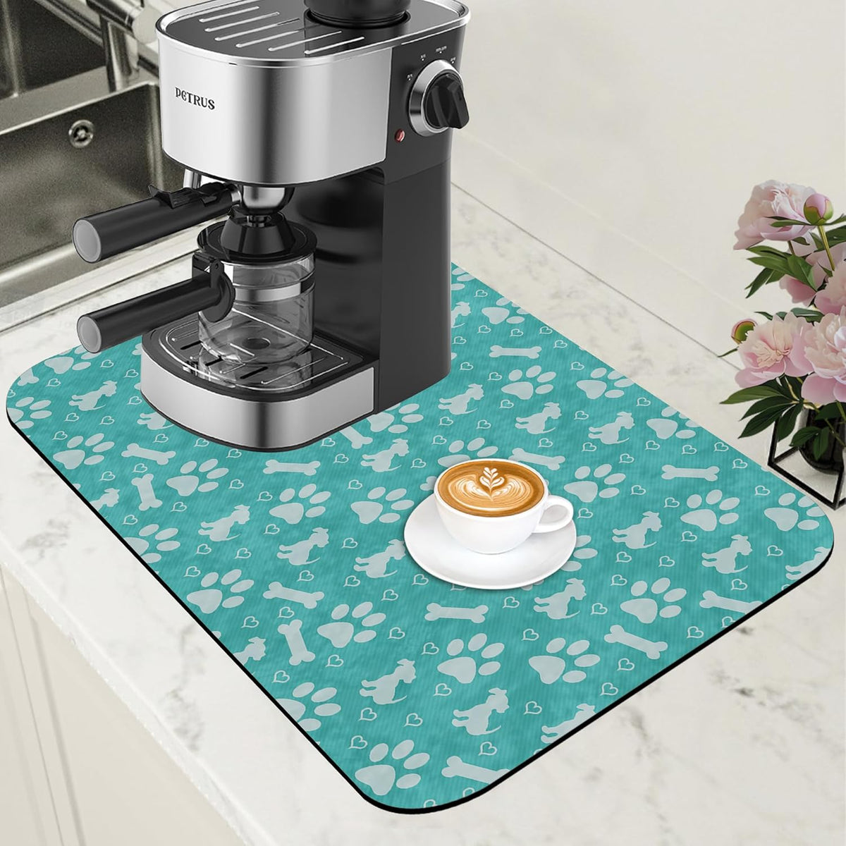 Dish Drying Mat Dog Paws and Bones Coffee Bar Mat for Countertop Absorbent Rubber Backed Hide Stain Dish Drainer Rack Pad Espresso Machine Coffee Pot Dining Room Decoration 11.8 x 19.7 Inch