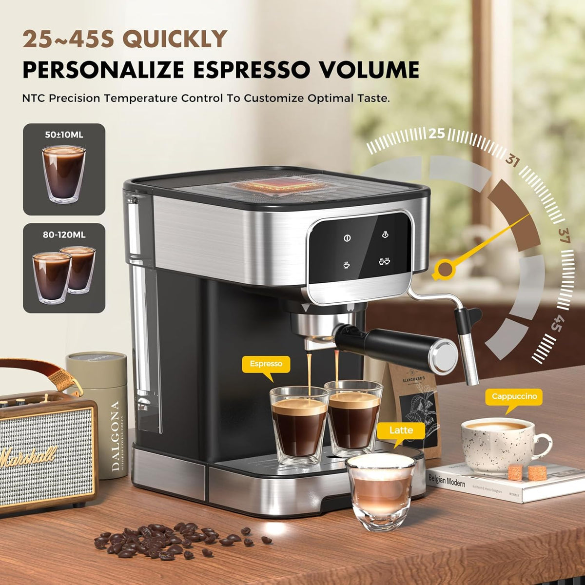 Espresso Machine 20 Bar, Professional Espresso Maker With Auto Milk Frother, Home Compact Espresso Coffee Machine With Led Touch Screen, 61OZ Removable Water Tank For Latte, Cappuccino