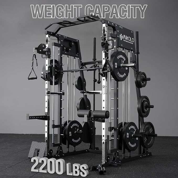 Mikolo Smith Machine, 2200lbs Squat Rack with LAT-Pull Down System & Cable Crossover Machine, Training Equipment with Leg Hold-Down Attachment