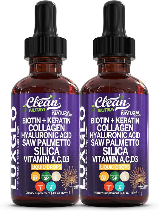 Biotin Liquid Drops Collagen Keratin Hyaluronic Acid Saw Palmetto for Hair Skin and Nails Silica Vitamin A C Vitamin D Bamboo Turmeric Zinc Folate Magnesium Horsetail LuxGlo by Clean Nutra - 2Pack