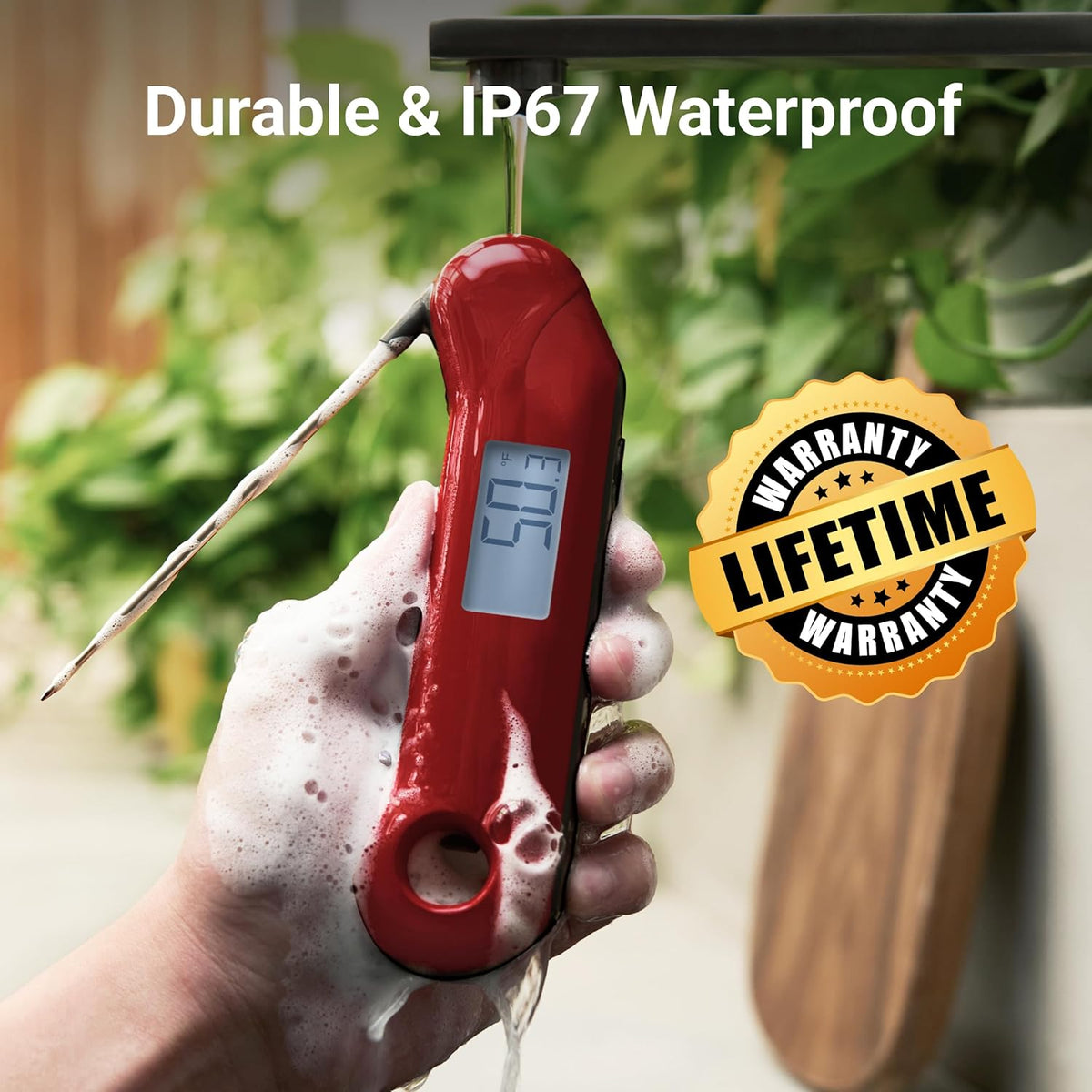 Professional Digital Meat Thermometer, Ultra Fast 0.5 Sec Instant Read, NIST Certified Accurate to ±0.5°F, IP67 Waterproof, Backlit, Auto Rotate/On/Off, BBQ/Smoker/Grill/Candy/Cooking, Dark Red&Gray