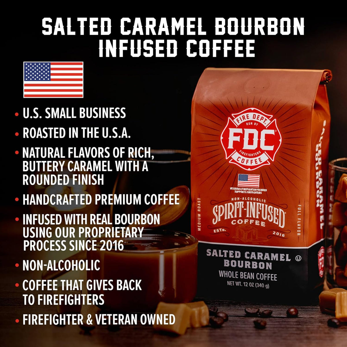 Fire Department Coffee - Salted Caramel Bourbon Coffee - Veteran Owned - Premium Bourbon Infused - Ground Medium Roast - Non-Alcoholic - Roasted in the USA - Veteran Owned (12 oz, Pack of 2)