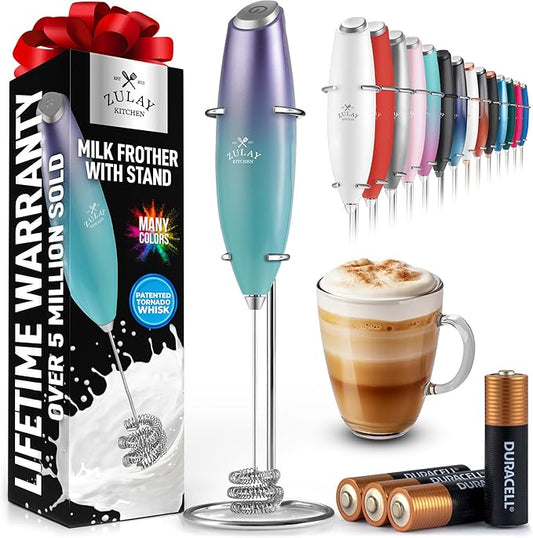 Zulay Kitchen Tornado Whisk Milk Frother with 4 AA Duracell Batteries - Triple Whisk for More Power - Handheld Coffee Frother with Stand - Drink Mixer for Lattes, Matcha & Protein Shakes