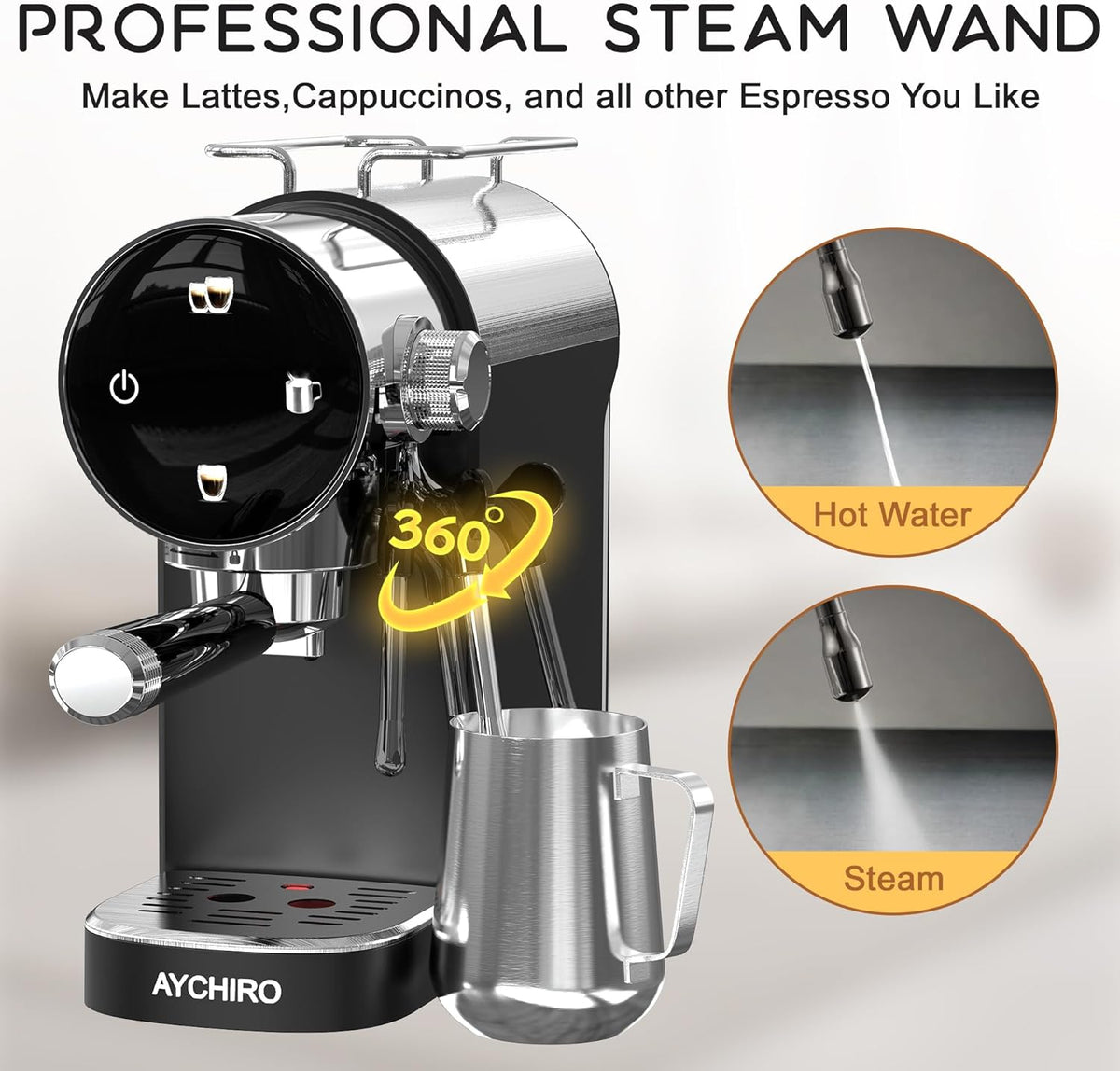20 Bar Espresso Machine, Compact Espresso Maker with Milk Frother, Touchscreen Latte Maker with Detachable Drip Tray/Water Tank, Built-in Handle for Home and Office Use