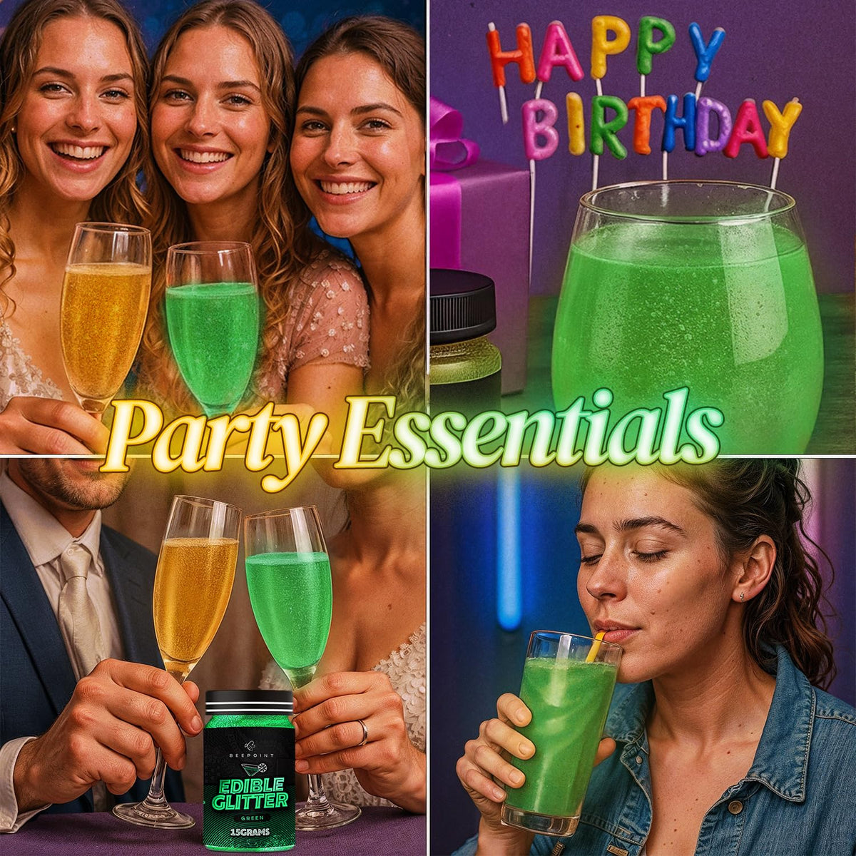 BeePoint Green Edible Glitter for Drinks 15g - Food Grade, Vibrant Color Shimmer Powdered Dust for Drinks, Cocktails, Cake Decorating, Baking, Chocolates, Candy, Sweets, & Cookies - Vegan & Gluten Free