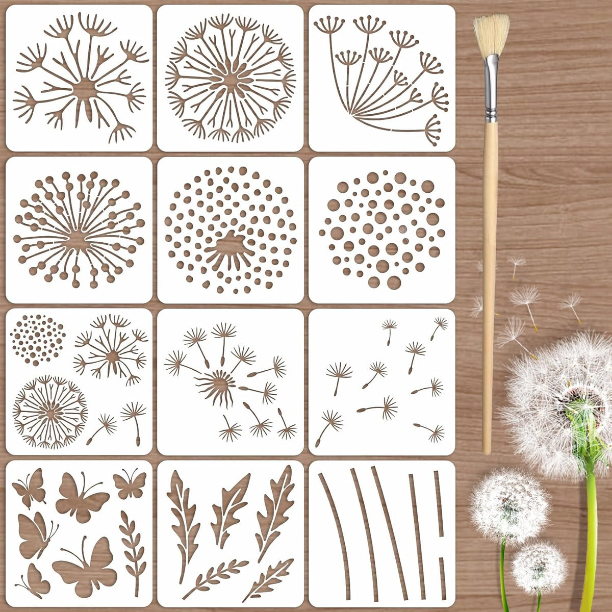12PCS Large Flower Stencils for Painting 12 x 12 Inch Dandelion Stencil with Brushes Dandelion Floral Stencils for Wood Fence Butterfly Paint Template for Walls Garden Fence Furniture