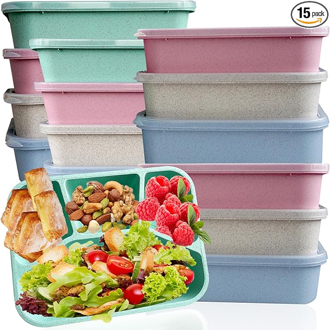 15 PCS Bento Box, 4 Compartment Bento Box Adult Set, Wheat Straw Bento Lunch Box, Reusable Lunch Snack Box, Microwave, Dishwasher and Freezer Safe Meal Prep Containers for Work, School and Travel