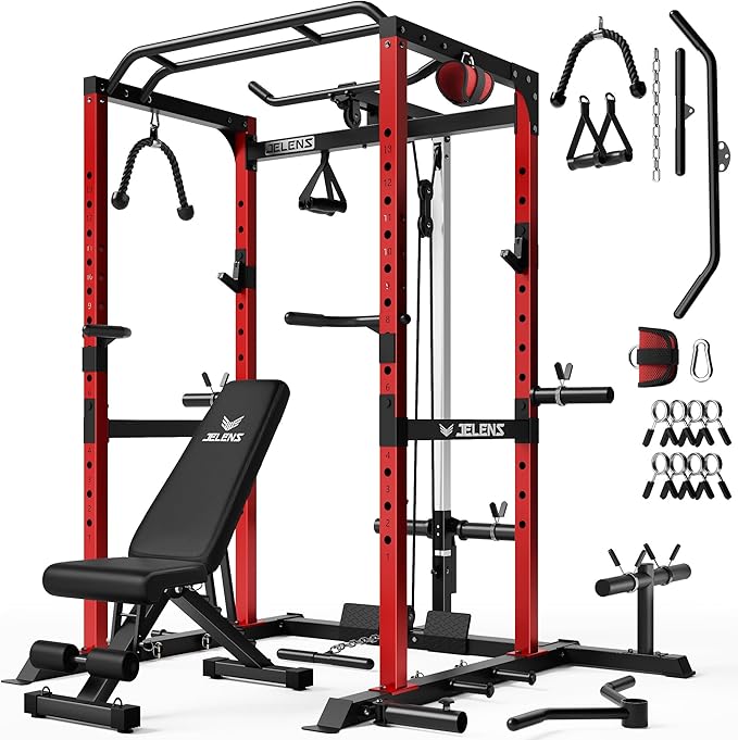S21 Power Cage, Multi-Function Power Rack with Adjustable Cable Crossover System, 2000LBS Squat Rack for Home Gym with More Training Attachments