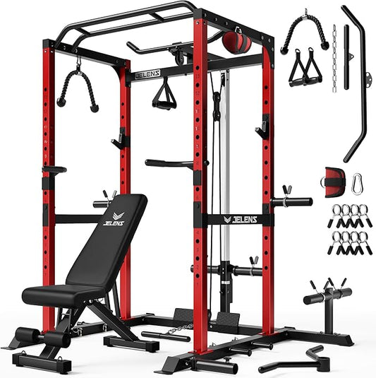 S21 Power Cage, Multi-Function Power Rack with Adjustable Cable Crossover System, 2000LBS Squat Rack for Home Gym with More Training Attachments