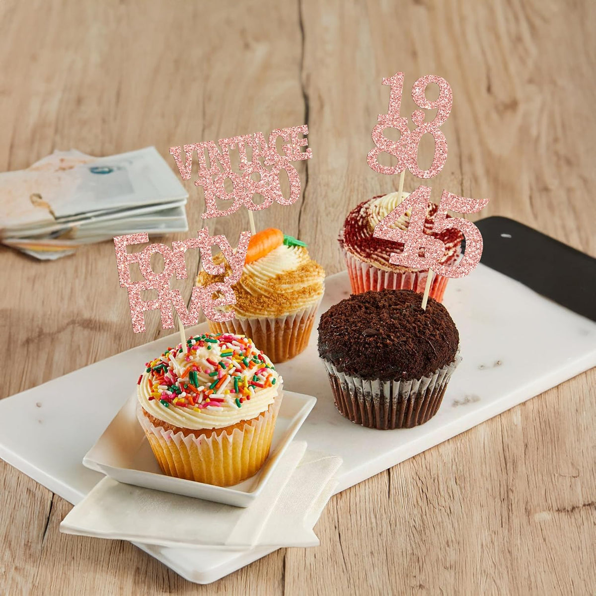 Gyufise 24Pcs 45th Birthday Cupcake Toppers Glitter Cheers to 45 Fabulous Forty Five Vintage 1980 Cupcake Picks 45th Birthday Wedding Anniversary Party Cake Decorations Supplies Rose Gold