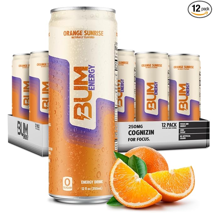 BUM Sugar-Free Energy Drink, Orange Sunrise - Lightly Carbonated & No Artificial Colors, Natural Caffeine & Citicoline for Energy & Focus, Brain Boost & Workout Sports Beverage - 12 oz, Pack of 12