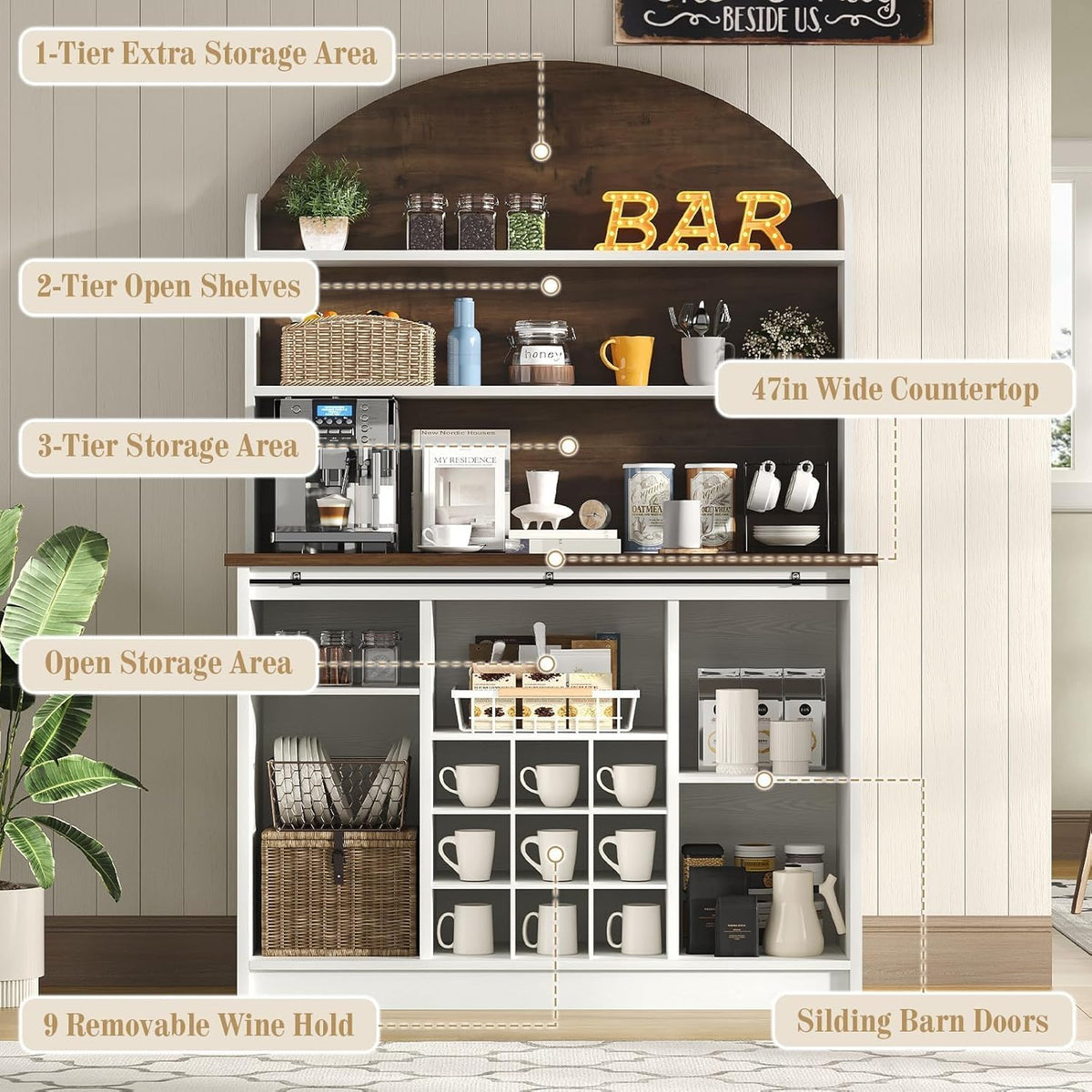 4 EVER WINNER Farmhouse Coffee Bar with 3-Tier Storage, 67” Coffee Bar Cabinet with Sliding Barn Doors, Hutch Cabinet with Storage & 9 Wine Racks, White