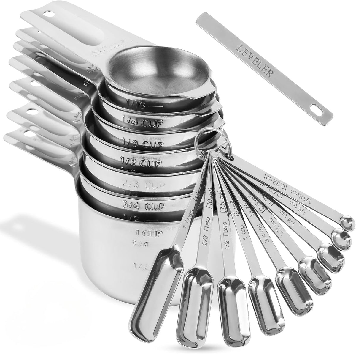 Measuring Cups and Spoons Set, 18/8 Stainless Steel Measuring Cups and Spoons set 17, Metal 7 Metric Measure Cups and 9 Dry Measure Spoons with 1 Leveler for Kitchen & Baking