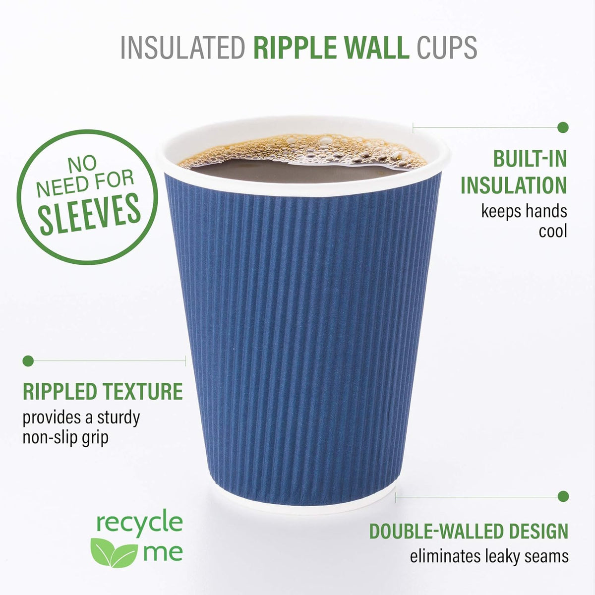 Restaurantware-12 Ounce Disposable Coffee Cups, 500 Ripple Wall Hot Cups For Coffee - Lids Sold Separately, Rolled Rim, Midnight Blue Paper Insulated Coffee Cups, For Hot Coffee, Tea, And More