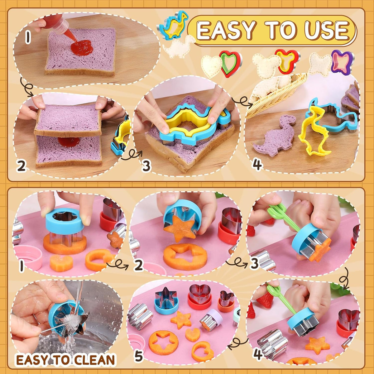Sandwich Cutters for Kids Lunch, 33 Pcs Sandwich Cutter and Sealer Set for Kids Lunch, DIY Vegetable Fruit Shapes and Cookie Cutters for Bento Box