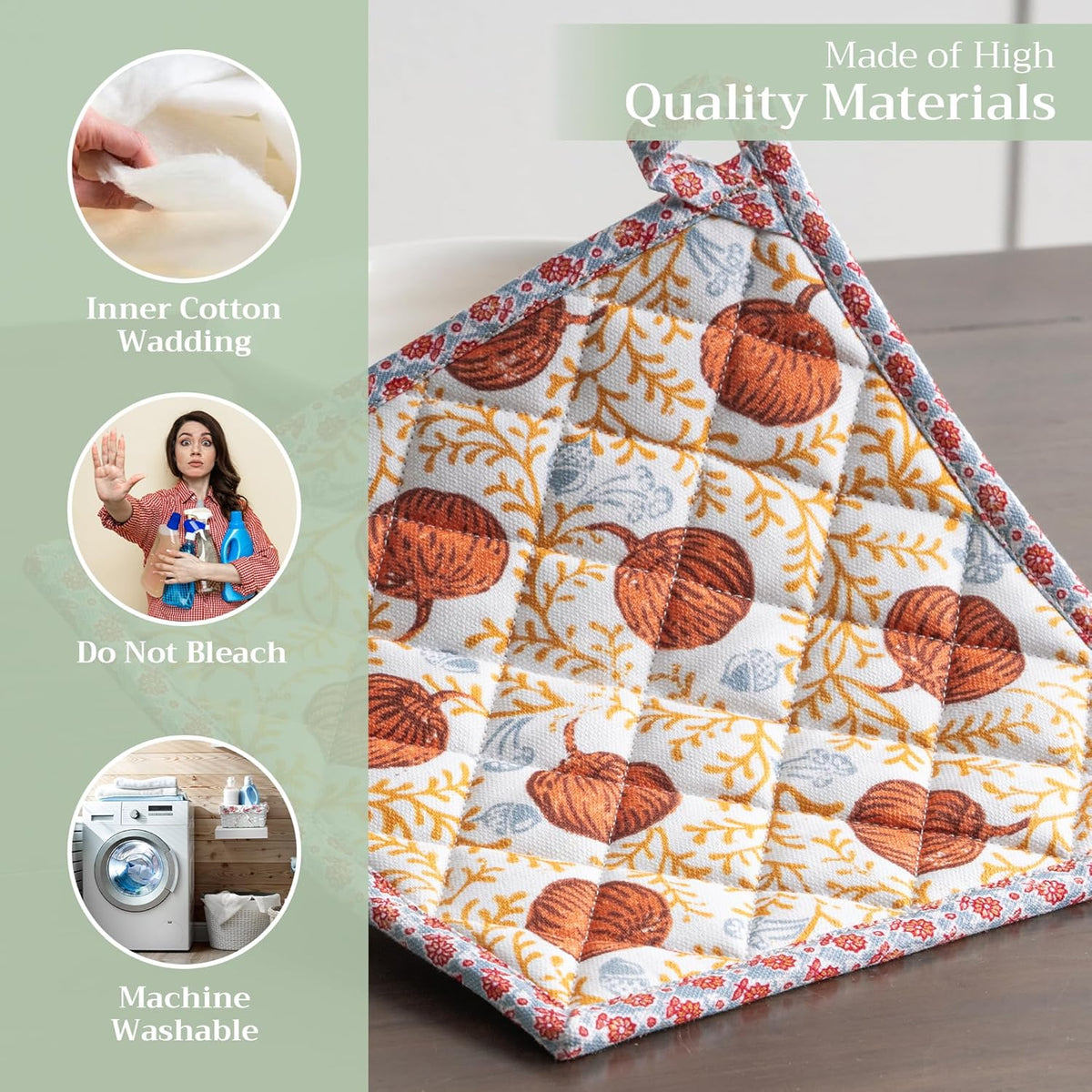 Maison d' Hermine Pot Holders Set 100% Cotton Heat Resistant Potholders 8" x 8" Hot Pads with Loop BBQ, Cooking, Baking, Grilling, Kitchen, Handling Hot Pans (Pack of 2, Harvest Festival)