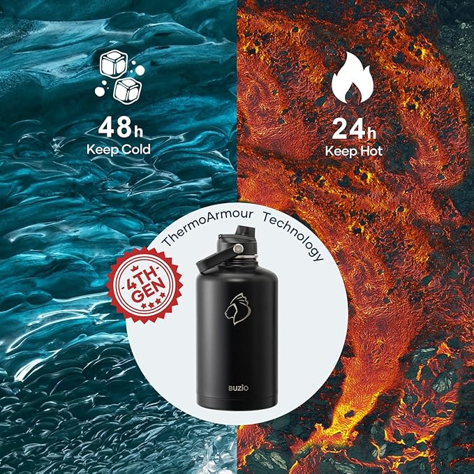 BUZIO Vacuum Insulated Stainless Steel Water Bottle 87oz (Cold for 48 Hrs/Hot for 24 Hrs) Half Gallon BPA Free Double Wall Travel Mug/Flask for Outdoor Sports Hiking, Camping, Running, Black