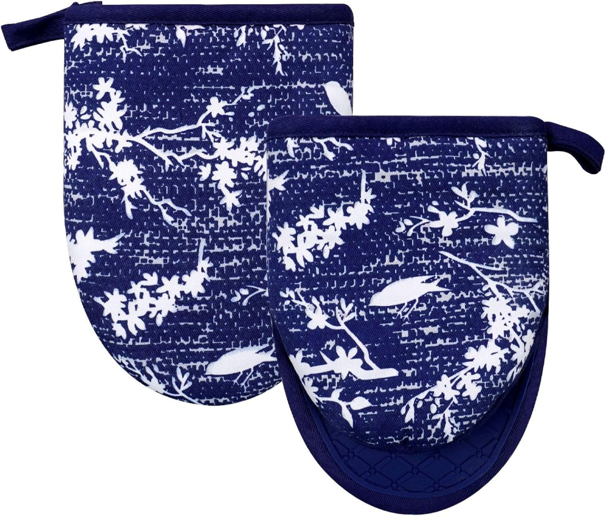 Mini Silicone Oven Mitts, Heat and Slip Resistant Kitchen Gloves 2-Pack Set, Birds Flower Soft Short Oven Mittens, Flexible Thick Pot Holders for Safe Cooking Baking and Grilling (Navy)