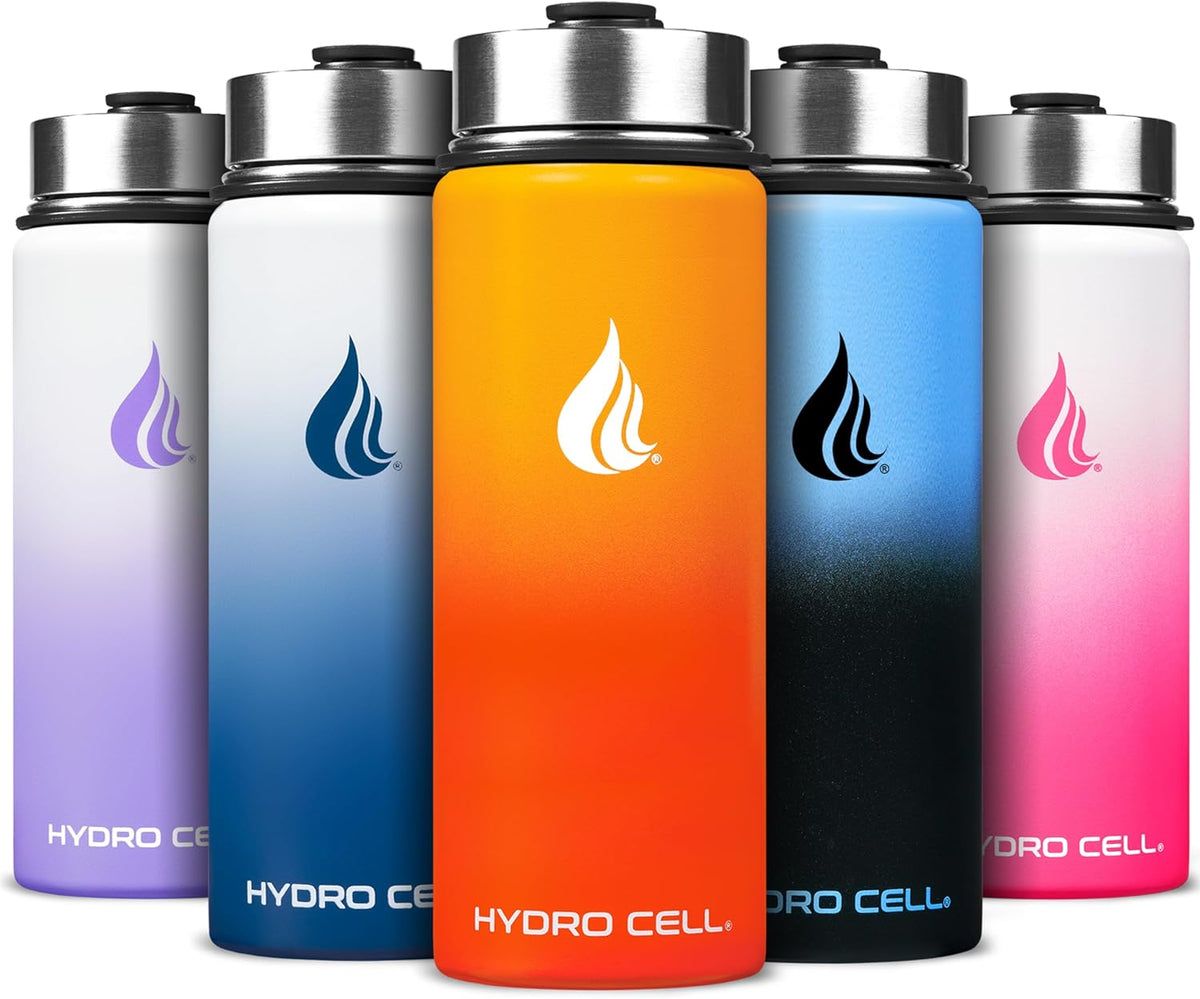 HYDRO CELL Stainless Steel Insulated Water Bottle with Straw - For Cold & Hot Drinks - Metal Vacuum Flask with Screw Cap and Modern Leakproof Sport Thermos for Adults (Red/Orange 18oz)