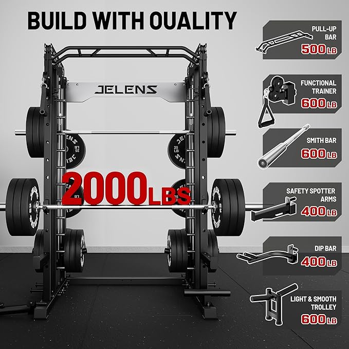 Smith Machine for Home Gym, Multi-Function M12 Power Cage with Cable Crossover System, Squat Rack with Smith Bar and More Attachment