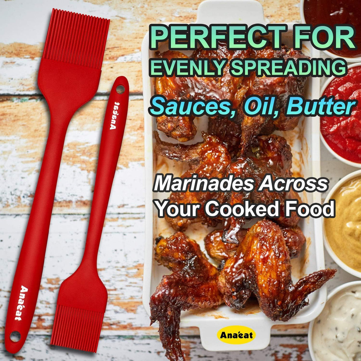 Anaeat High Heat Resistant Silicone Basting Pastry Brush Set of 2- Hygienic One-Pieces Design Spread Oil Butter for BBQ Grill Barbecue Baking Kitchen Cooking - BPA Free & Dishwasher Safe (10"+8.2")