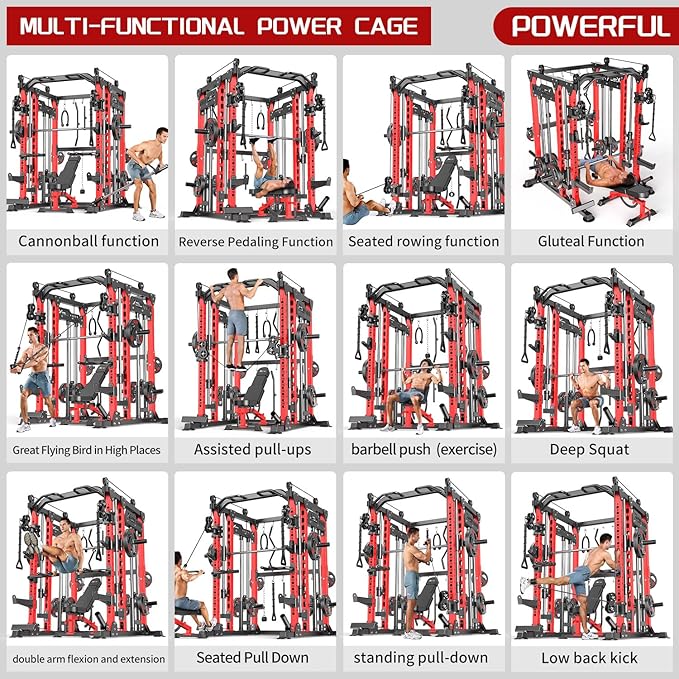 Smith Machine with Cable Crossover System, Multi-Function Power Cage Squat Rack for Home Gym, Power Rack and Packages Weight Sets.