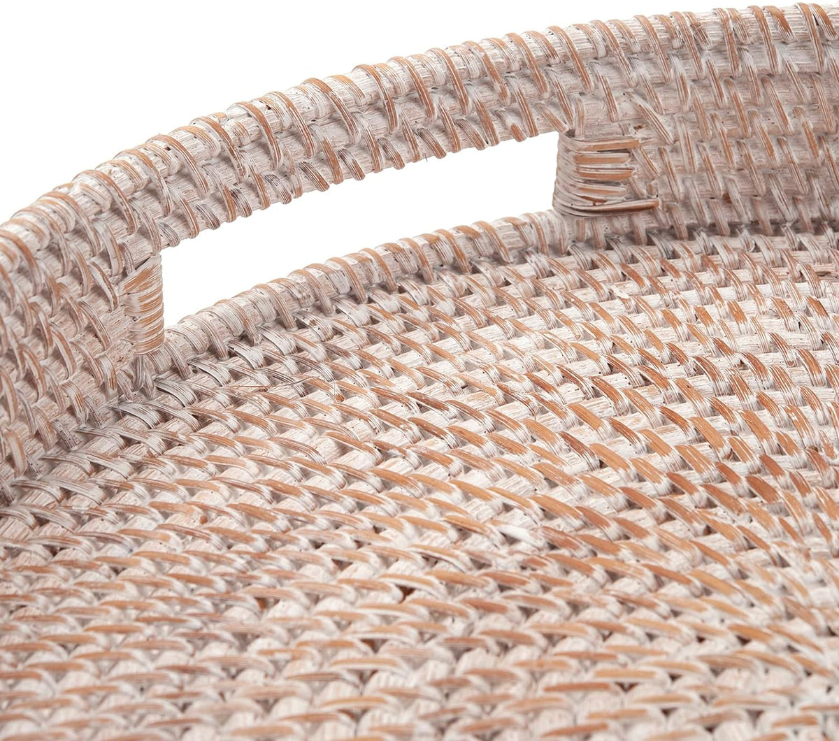 Coffee Table Tray Round Rattan Ottoman Tray Woven Serving Trays with Handles for Home and Kitchen Decorative White (Large 14 inch x 2.8 inch)