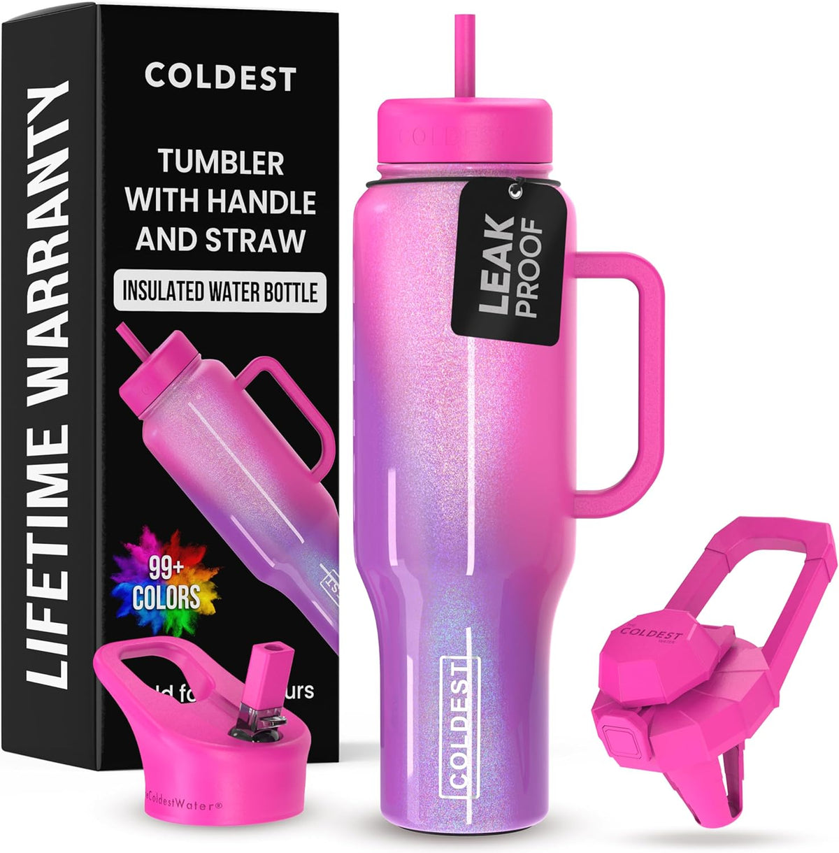 Coldest 40 oz Tumbler with Handle and Straw, 100% Leak Proof Insulated Tumbler with Lid and Straw (3 Lids), Stainless Steel Tumblers for Women & Men, Cup Holder Friendly, 46 oz (Mulberry Dream)