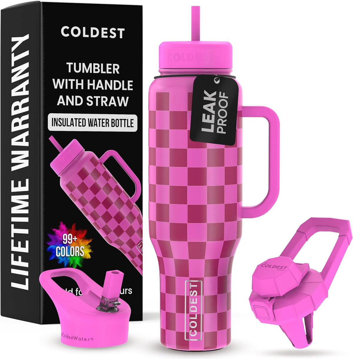 Coldest 40 oz Tumbler with Handle and Straw, 100% Leak Proof Insulated Tumbler with Lid and Straw (3 Lids), Stainless Steel Tumblers for Women & Men, Cup Holder Friendly, 46 oz (Purple Checkers)