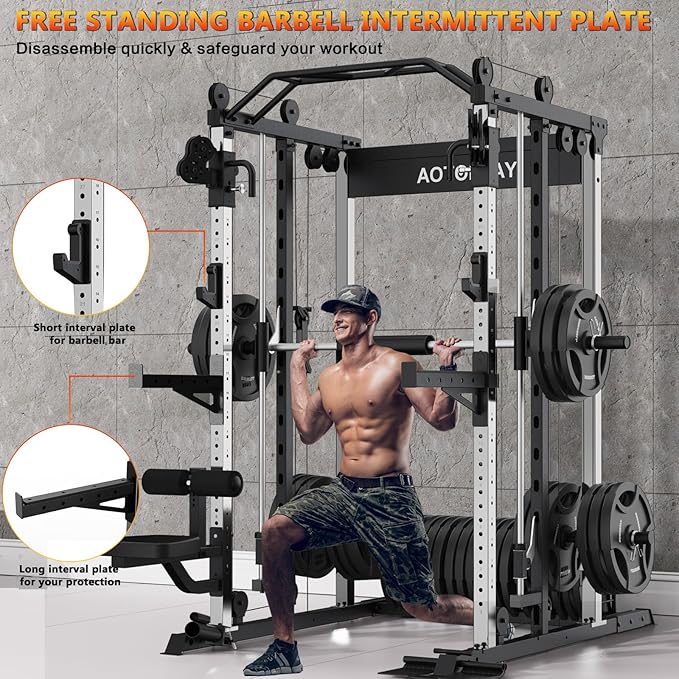 Smith Machine Strength Training Squat Rack with Smith Bar, Power Cage with LAT Pull-Down Systems, Cable Crossover Machine for Home Gym and More Training Attachment