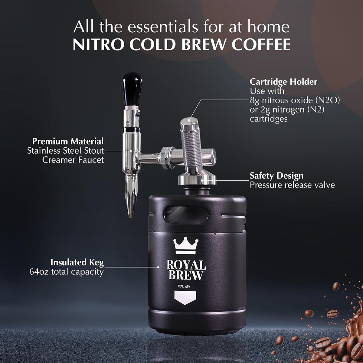 The Original Royal Brew Nitro Cold Brew Coffee Maker - Gift for Coffee Lovers - 64 oz Home Keg, Nitrogen Gas System Coffee Dispenser Kit