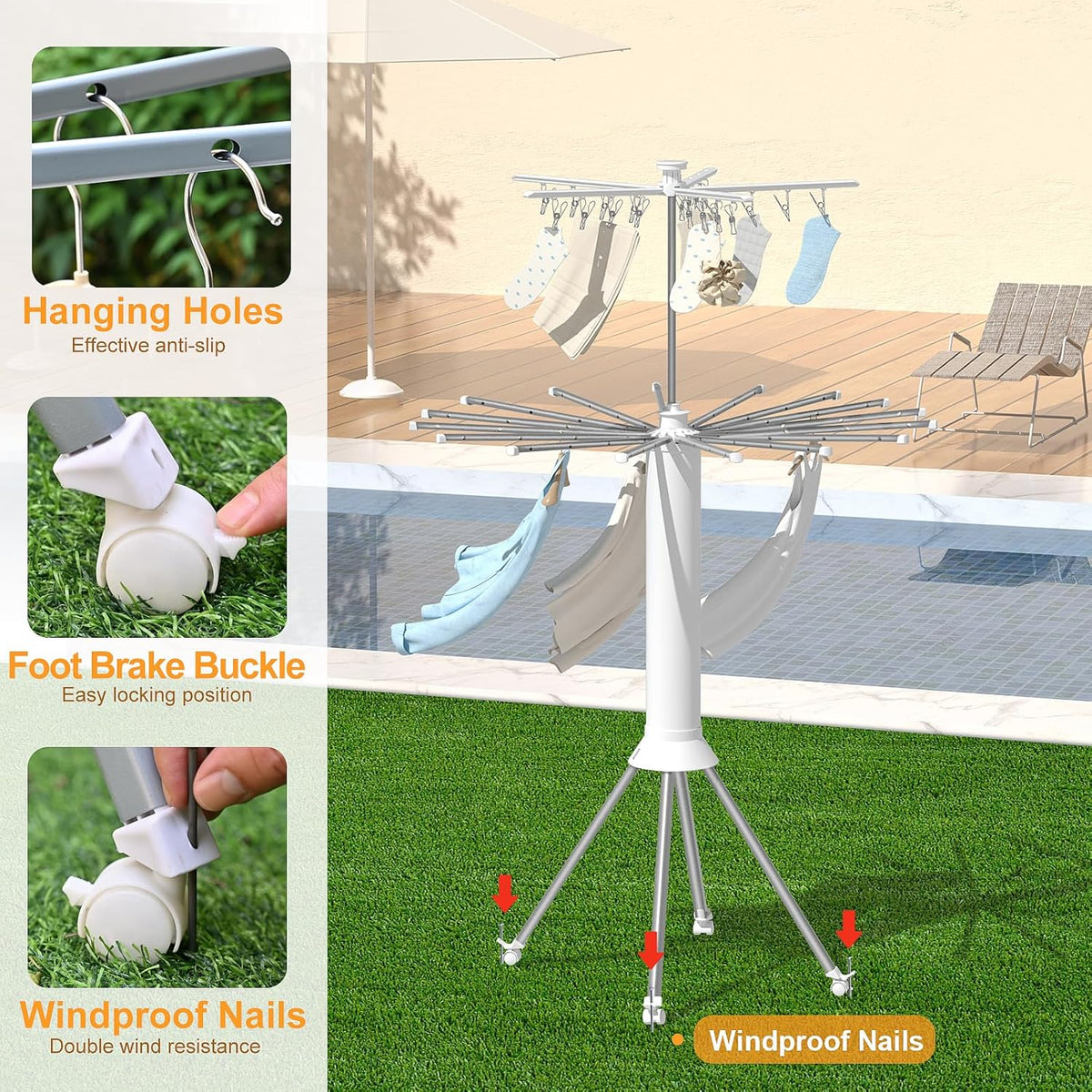 4-Legged Clothes Drying Rack Foldable, Double Dryer Rack with 20 Clips, Outdoor Laundry Drying Rack with 4 Pulleys, Collapsible Drying Rack Clothing, Aluminum Hanging Dry Rack for Clothes,Socks,Towel