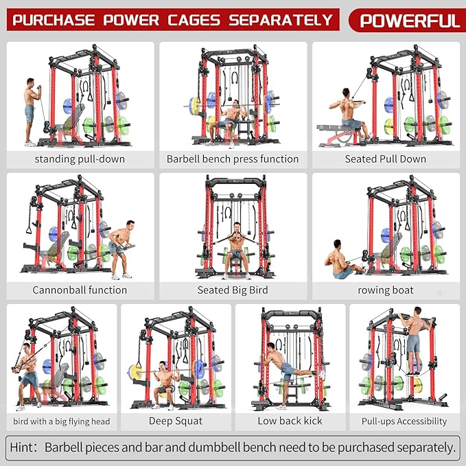 Power Cages Multi-Purpose Squat Rack with Cable Crossover System, Matching Weight Bench, Olympic Barbell Weight Set for Garage and Home Gyms