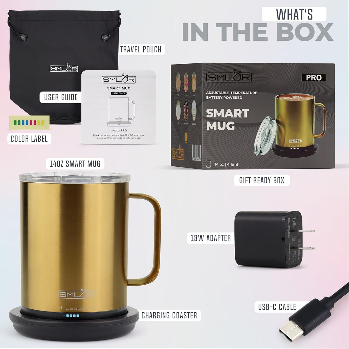 SMLDR Pro Heated Mug, 14 oz Smart Mug, Self-Heating, Adjustable Temperature, Battery Powered, Great for Coffee & Tea, Excellent Gift (Gold)
