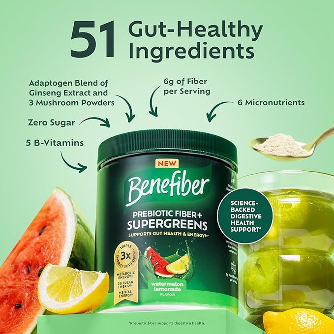 Benefiber Prebiotic Fiber + Supergreens Dietary Supplement Powder, Watermelon Lemonade Flavor, 8.8 oz (250g), 25 Day Supply