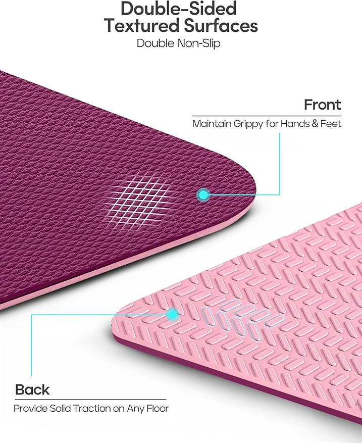 Heathyoga Eco Friendly Non Slip Yoga Mat, Body Alignment System, SGS Certified TPE Material - Textured Non Slip Surface and Optimal Cushioning,72"x 26" Thickness 1/4"