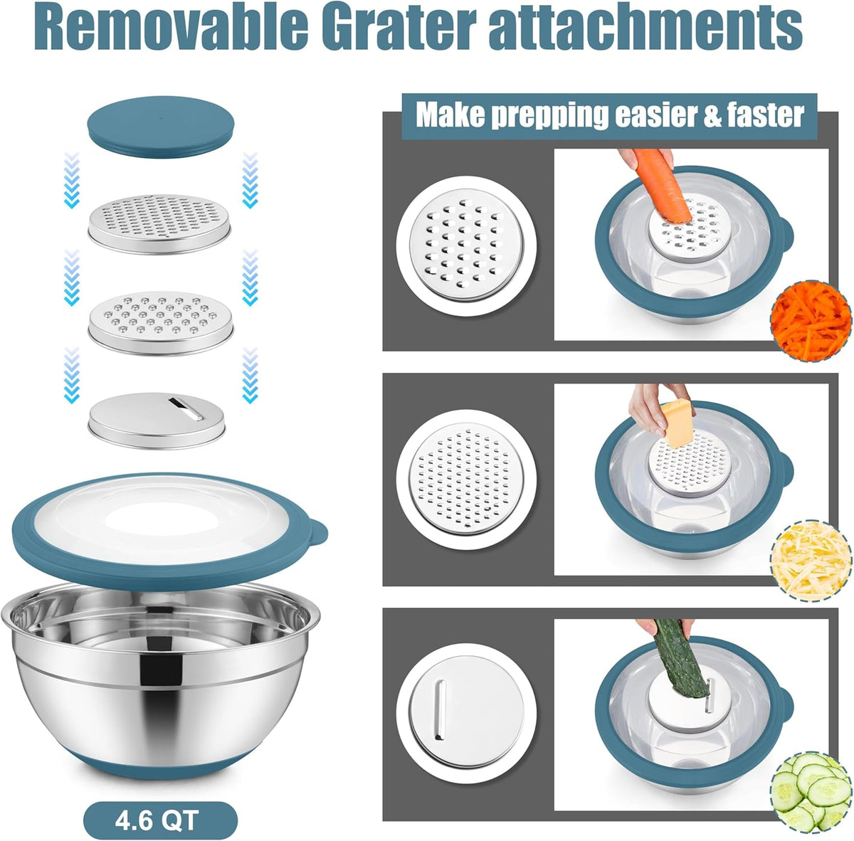 E-far Mixing Bowls with Lids Set, 15PCS Stainless Steel Mixing Nesting Bowls with Colander and 3 Metal Graters for Kitchen, Non-Slip Bottom & Airtight Transparent Lid, 4.6, 3, 1.5, 1, 0.7QT, Blue