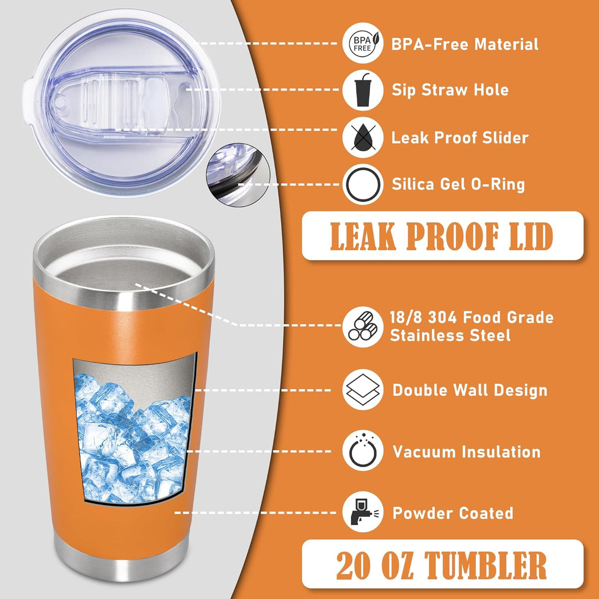 20 oz Tumbler Coffee Tavel Tumblers Bulk with Lid Stainless Steel Double Wall Vacuum Insulated Mug Powder Coated Cups fit Car Cupholder for Hot and Cold - Orange, 1Pack