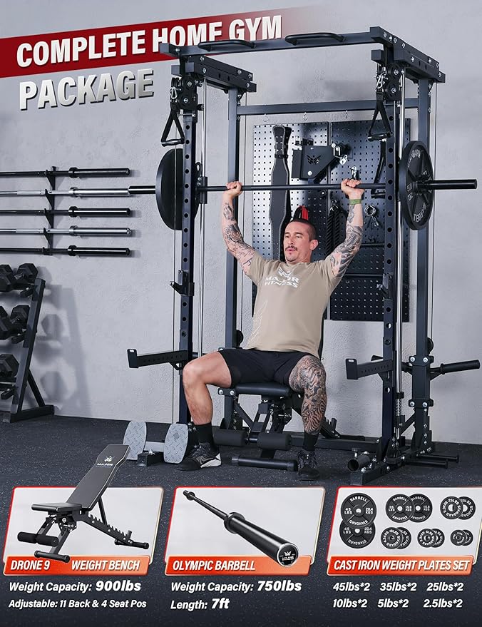 MAJOR FITNESS Drone3 Smith Machine, All-in-One Home Gym Power Rack with Cable Crossover, Pull-Up Bars, T-Bar & Squat Station, Heavy-Duty Full-Body Workout for Strength Training