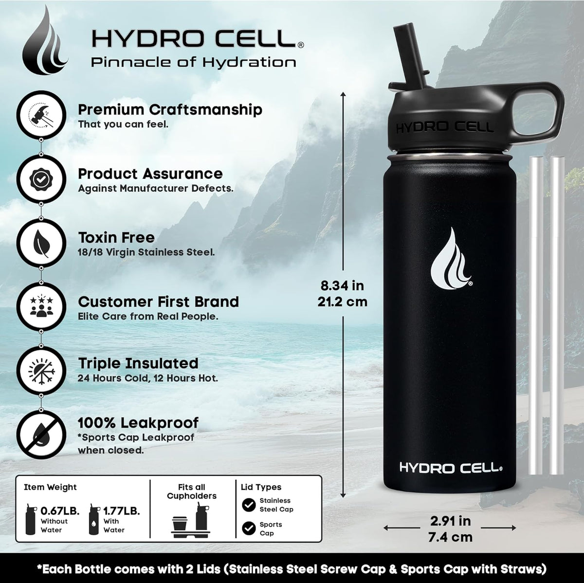 HYDRO CELL Stainless Steel Insulated Water Bottle with Straw - For Cold & Hot Drinks - Metal Vacuum Flask with Screw Cap and Modern Leakproof Sport Thermos for Adults (Black 18oz)