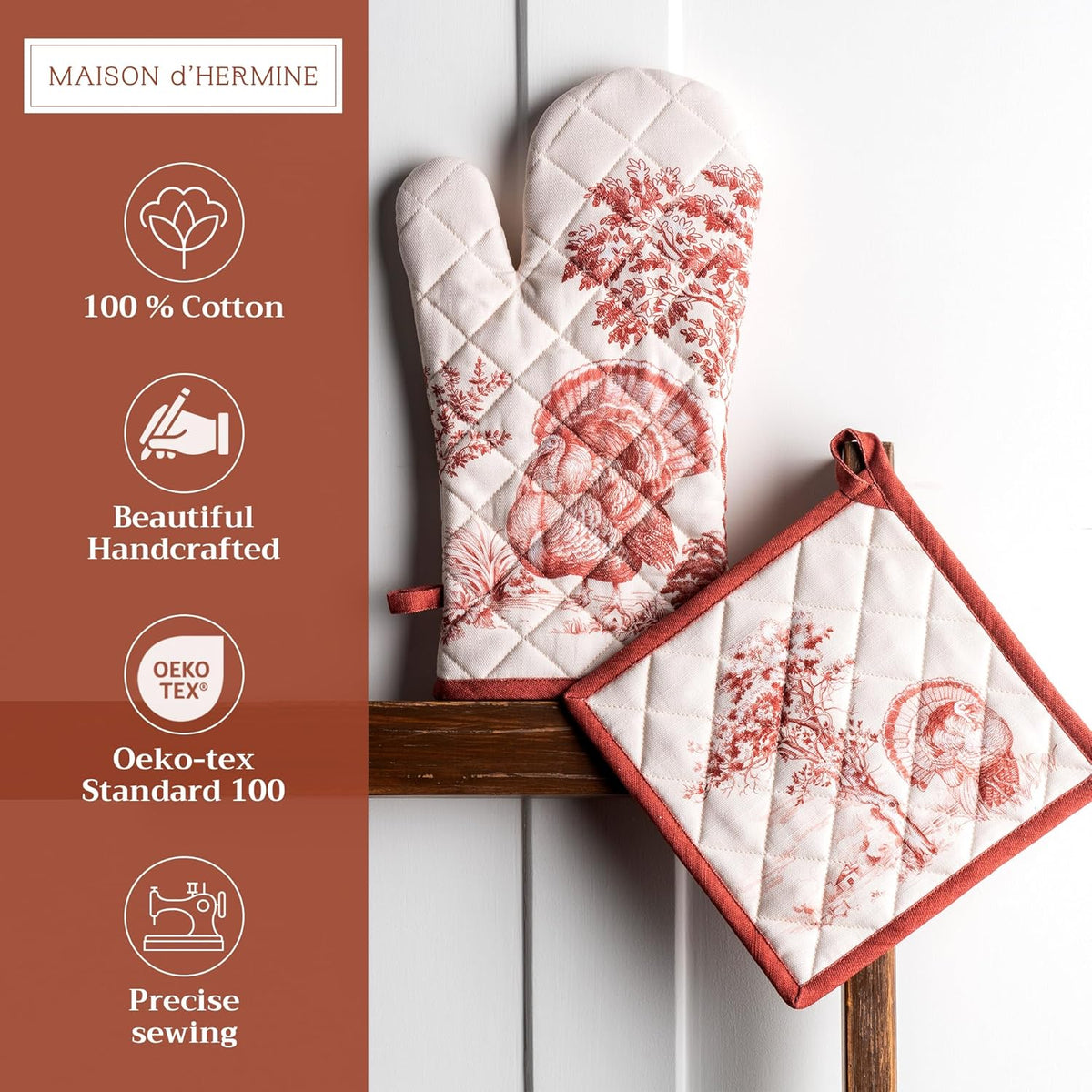 Maison d' Hermine 100% Cotton Oven Mitt & Pot Holder Set (7.5"x13" & 8"x8") Heat Resistant BBQ Cooking Gloves with Loop, Baking, Grilling, Kitchen, Handling Hot Pans (Holy Jouy - Red)