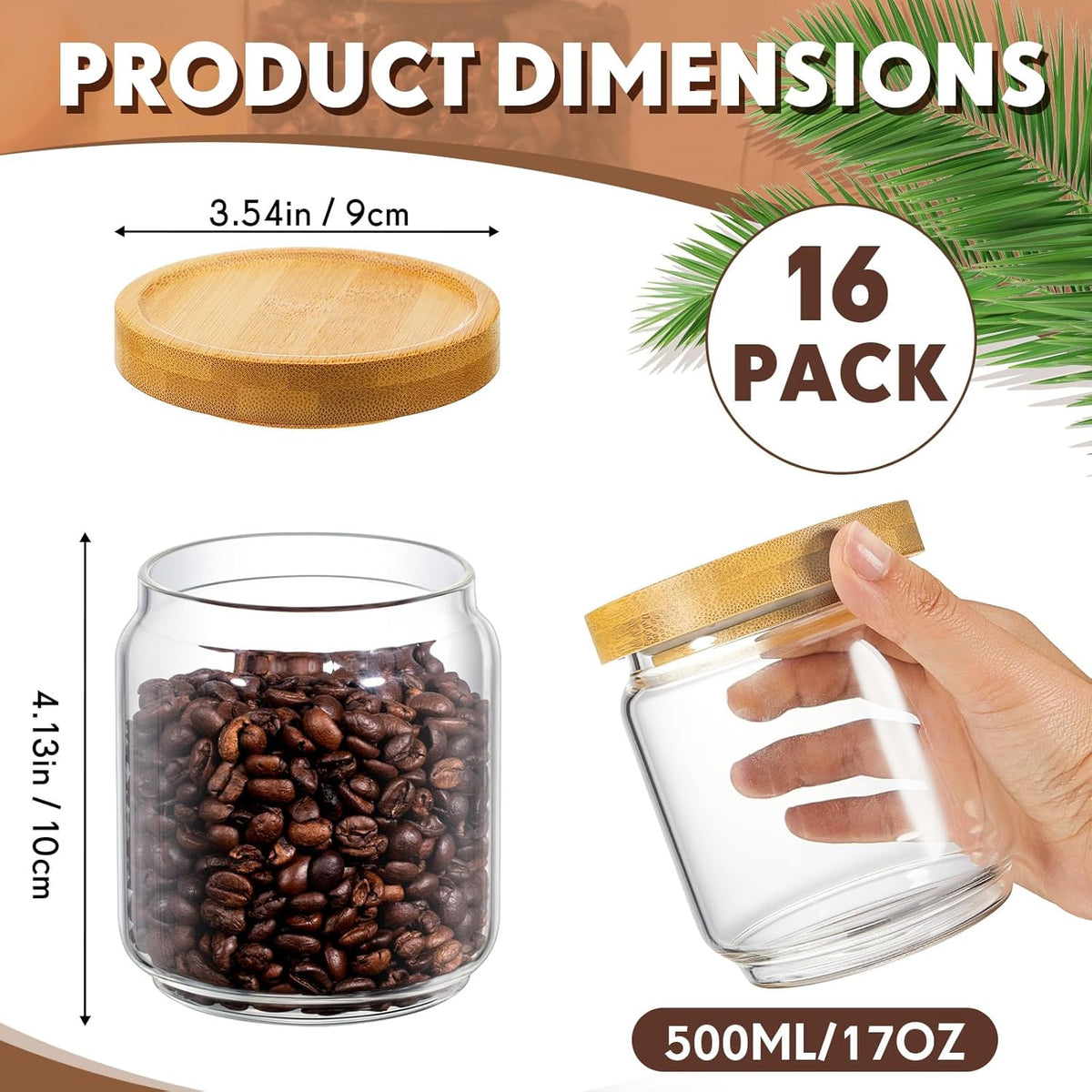 Irenare 16 Pcs 17 oz/ 500 ml Glass Canister Food Airtight Sealed Clear Borosilicate Glass Storage Jars with Lids Kitchen Spice Containers for Serving Coffee Sugar Tea Beans Candy Nuts Pantry (Bamboo)