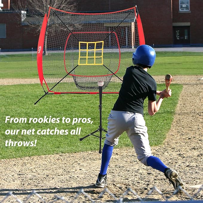 7×7FT Baseball net, Pitching net with Strike Zone Target, Baseball&Softball Practice net with Sturdy Bow Frame and Stable Base,Portable Practice net for All Ages and All Skilled Levels